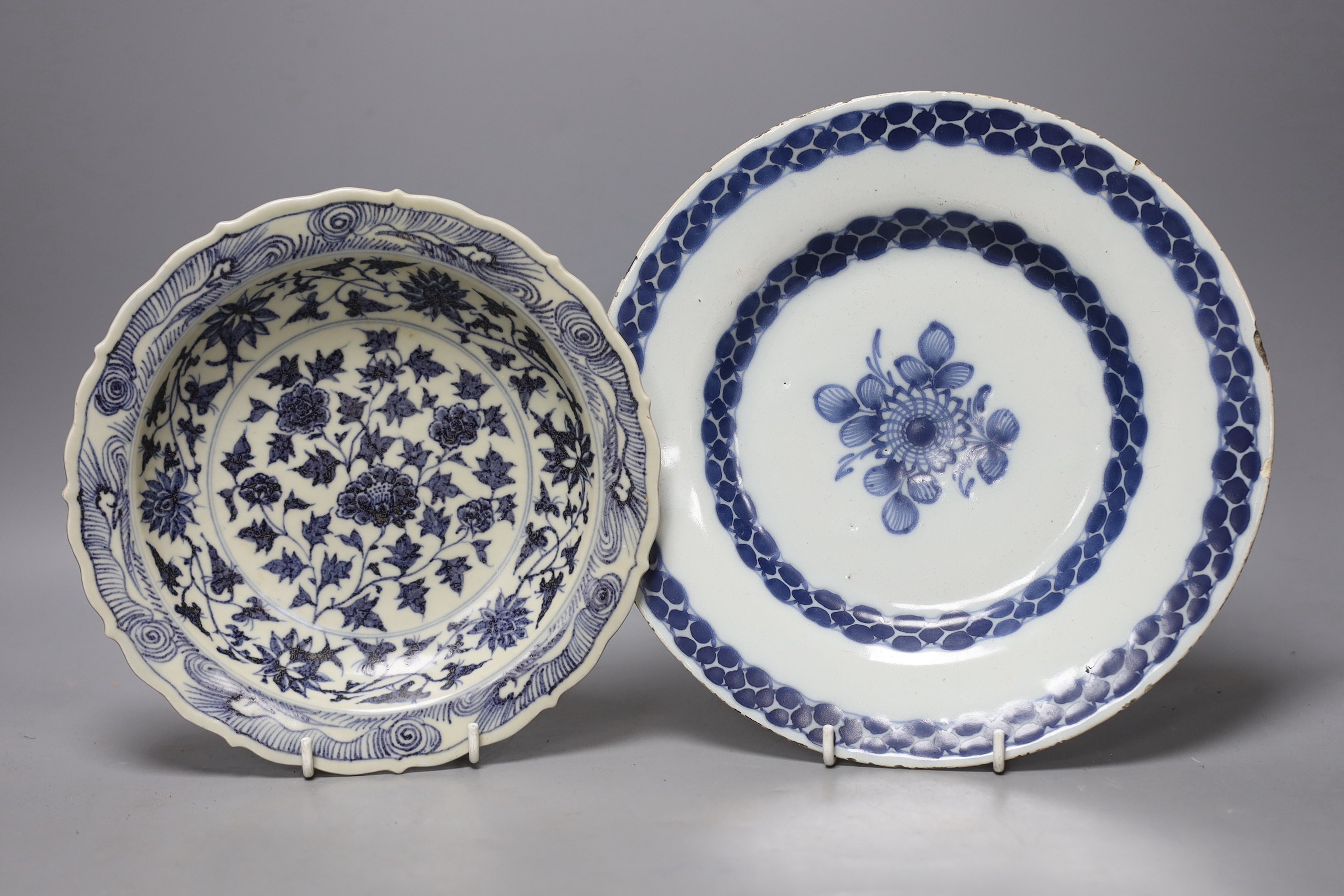 A Chinese sang-de-boeuf glazed pottery incense burner, 21cm high, similar blue and white bowl and a famille rose footed dish together with a Delft plate.